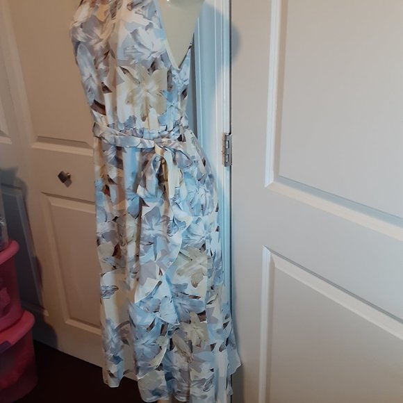 Pastel Blue Floral Wrap & Ruffled Halter Neck Sleeveless Belted Dress - Picture 12 of 15